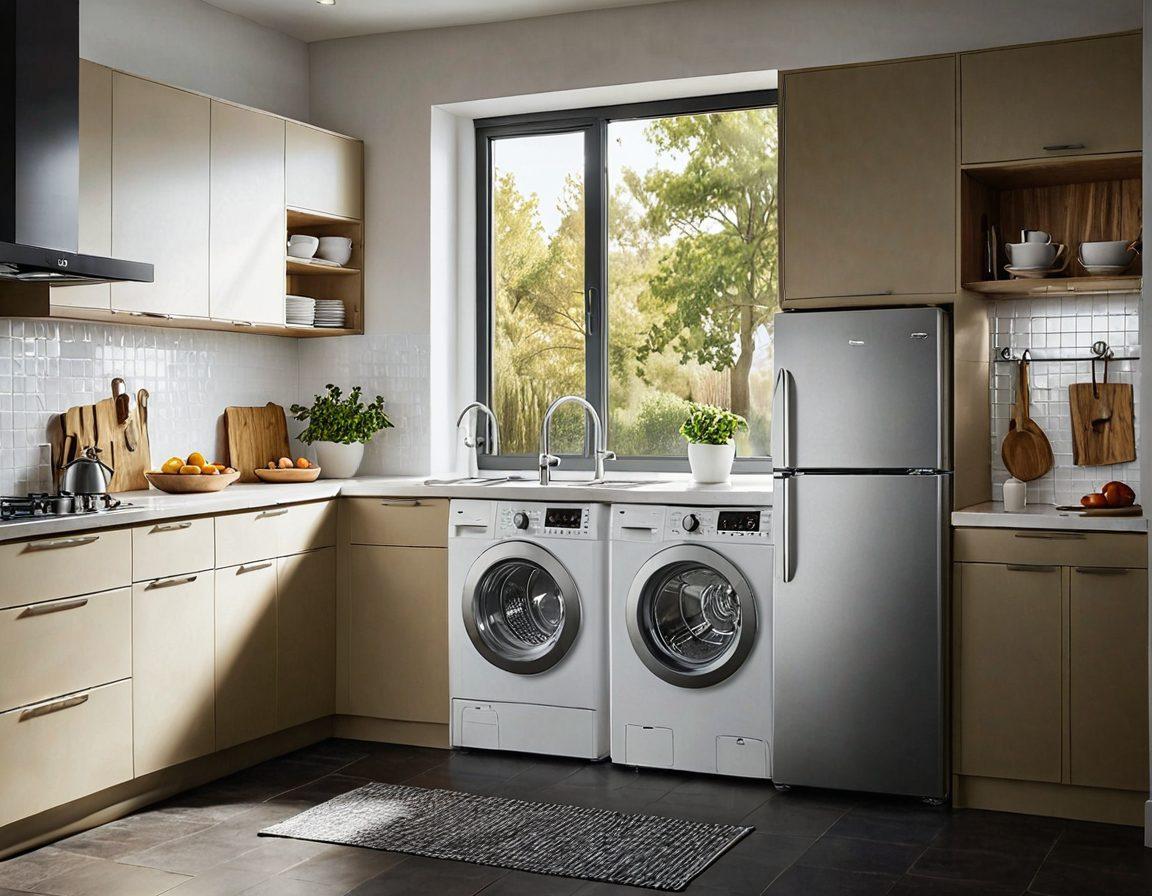 A modern kitchen featuring various home appliances such as a refrigerator, washing machine, and oven, each labeled with price tags and insurance policy symbols. A protective shield icon hovers over the appliances, symbolizing insurance coverage. Soft sunlight filters through a window, casting a warm glow on the scene, emphasizing safety and protection. Include a subtle infographic overlay that highlights key features of insurance plans. super-realistic. vibrant colors. soft sunlight.
