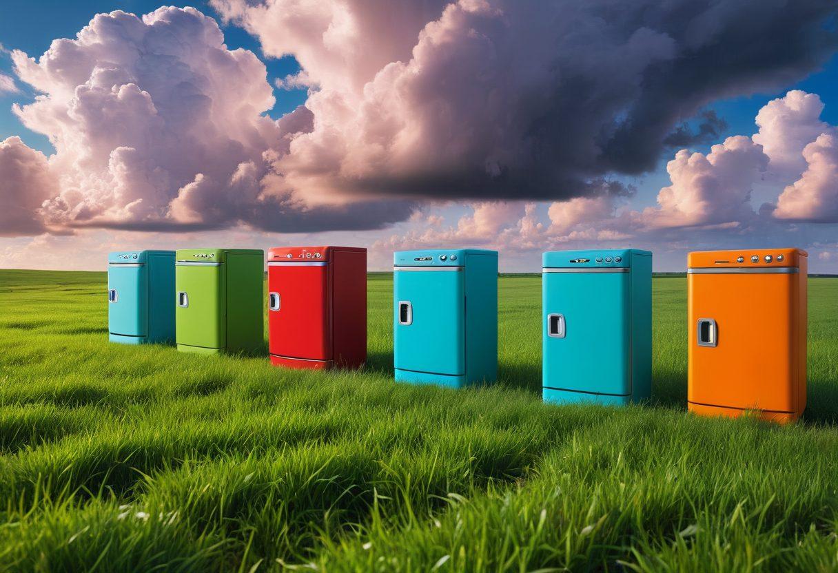 A visually appealing landscape featuring various home appliances like refrigerators, washers, and dryers scattered across a grassy field, symbolizing the journey of selecting the right insurance plans. In the background, bright clouds shaped like question marks represent uncertainty, while a shining path leads to a safe, cozy home. Include icons of insurance documents and shields subtly blended into the landscape. vibrant colors. illustration.