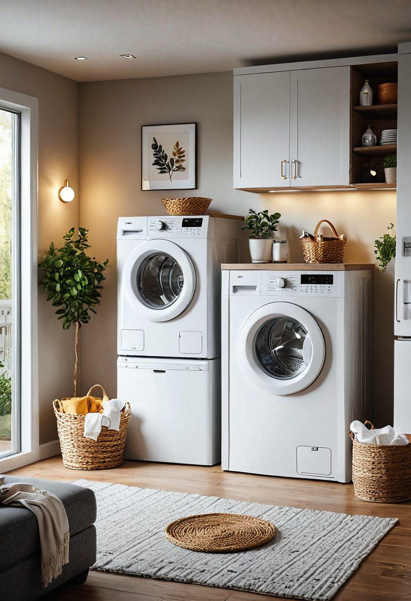 A cozy home interior showcasing various appliances, like a washing machine and refrigerator, surrounded by floating insurance policy documents and warranty seals to represent protection. An inviting atmosphere with warm lighting and a protective shield graphic in the background to symbolize security. Include a family enjoying their safe and comfortable home environment. bright colors. super-realistic. modern style.
